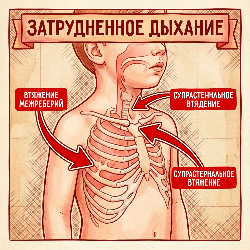 Затрудненное дыхание с ретракциями